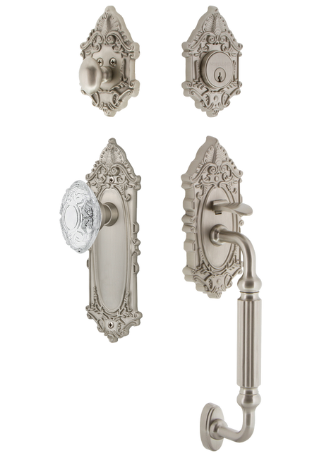 Nostalgic Warehouse - Victorian Plate F Grip Entry Set Crystal Victorian Knob in Satin Nickel - 756069 - 2 3/4" Backset