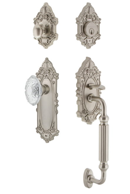 Nostalgic Warehouse - Victorian Plate F Grip Entry Set Crystal Victorian Knob in Satin Nickel - 756068 - 2 3/8" Backset