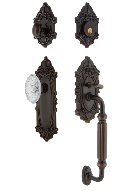 Nostalgic Warehouse - Victorian Plate F Grip Entry Set Crystal Victorian Knob in Timeless Bronze - 756080 - 2 3/8" Backset