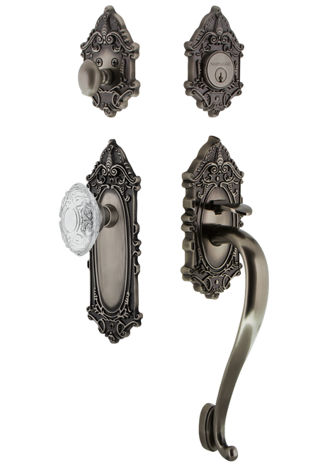 Nostalgic Warehouse - Victorian Plate S Grip Entry Set Crystal Victorian Knob in Antique Pewter - 756048 - 2 3/8" Backset