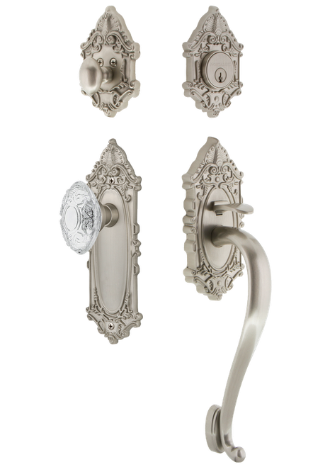 Nostalgic Warehouse - Victorian Plate S Grip Entry Set Crystal Victorian Knob in Satin Nickel - 756072 - 2 3/8" Backset