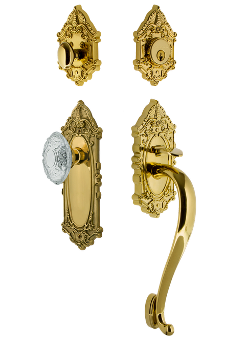 Nostalgic Warehouse - Victorian Plate S Grip Entry Set Crystal Victorian Knob in Polished Brass - 756061 - 2 3/4" Backset
