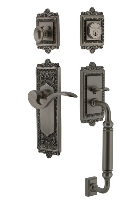 Nostalgic Warehouse - Egg & Dart Plate C Grip Entry Set Manor Lever in Antique Pewter - 767409 - 2 3/8" Backset