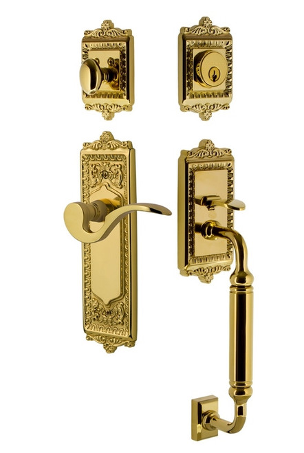 Nostalgic Warehouse - Egg & Dart Plate C Grip Entry Set Manor Lever in Lifetime Brass - EADCGRMAN - 767416 - 2 3/8" Backset