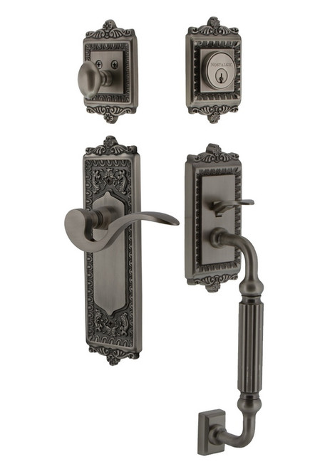 Nostalgic Warehouse - Egg & Dart Plate F Grip Entry Set Manor Lever in Antique Pewter - EADFGRMAN - 767433 - 2 3/8" Backset