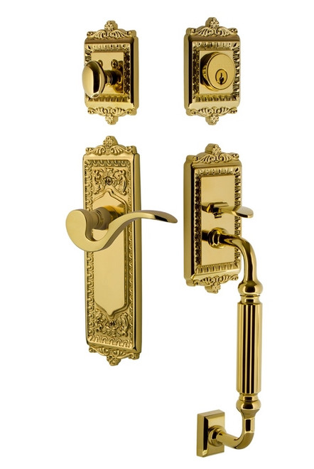 Nostalgic Warehouse - Egg & Dart Plate F Grip Entry Set Manor Lever in Polished Brass - 767440 - 2 3/8" Backset