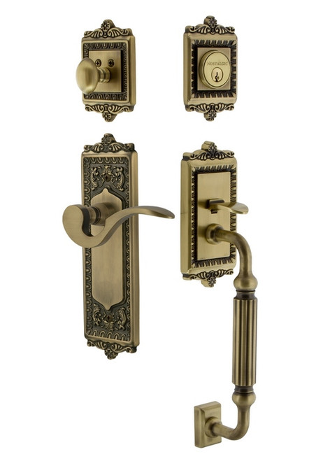 Nostalgic Warehouse - Egg & Dart Plate F Grip Entry Set Manor Lever in Antique Brass - 767444 - 2 3/8" Backset