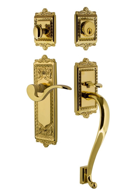 Nostalgic Warehouse - Egg & Dart Plate S Grip Entry Set Manor Lever in Lifetime Brass - EADSGRMAN - 767464 - 2 3/8" Backset