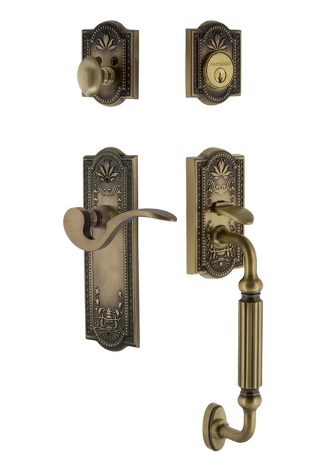 Nostalgic Warehouse - Meadows Plate F Grip Entry Set Manor Lever in Antique Brass - 767516 - 2 3/8" Backset