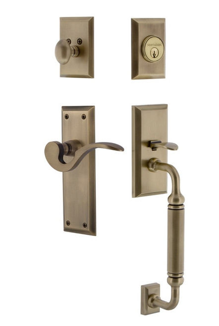 Nostalgic Warehouse - New York Plate C Grip Entry Set Manor Lever in Antique Brass - 767553 - 2 3/8" Backset
