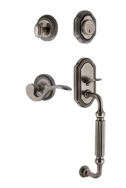 Nostalgic Warehouse - Rope Rosette F Grip Entry Set Manor Lever in Antique Pewter - 767699 - 2 3/4" Backset