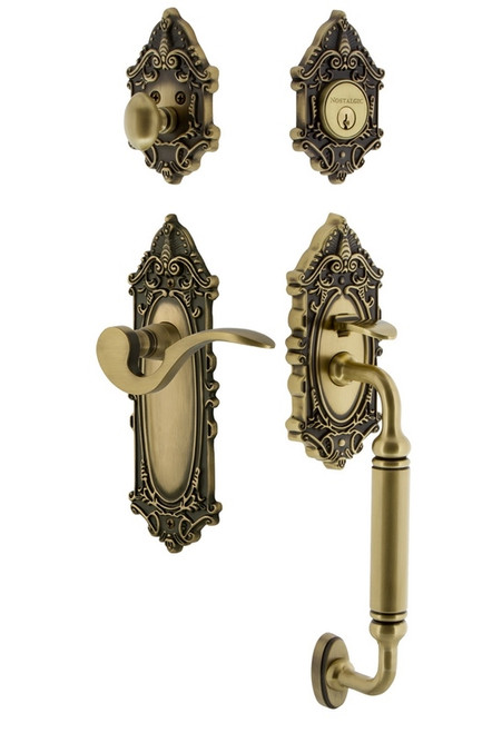 Nostalgic Warehouse - Victorian Plate C Grip Entry Set Manor Lever in Antique Brass - 767829 - 2 3/8" Backset