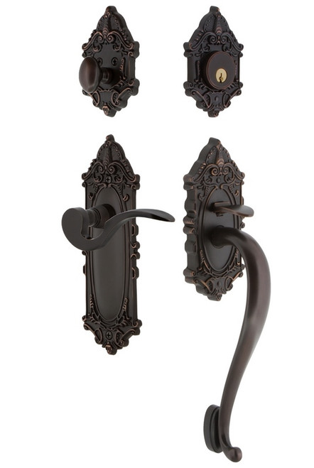 Nostalgic Warehouse - Victorian Plate S Grip Entry Set Manor Lever in Timeless Bronze - 767871 - 2 3/4" Backset