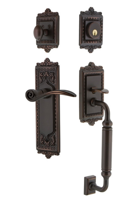 Nostalgic Warehouse - Egg & Dart Plate C Grip Entry Set Swan Lever in Timeless Bronze - 768116 - 2 3/8" Backset
