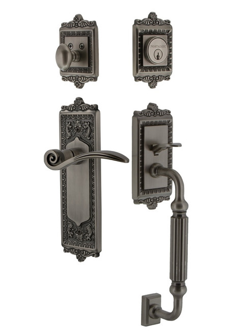 Nostalgic Warehouse - Egg & Dart Plate F Grip Entry Set Swan Lever in Antique Pewter - 768131 - 2 3/4" Backset
