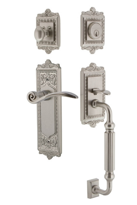 Nostalgic Warehouse - Egg & Dart Plate F Grip Entry Set Swan Lever in Satin Nickel - 768139 - 2 3/8" Backset