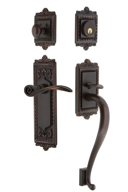 Nostalgic Warehouse - Egg & Dart Plate S Grip Entry Set Swan Lever in Timeless Bronze - 768159 - 2 3/4" Backset