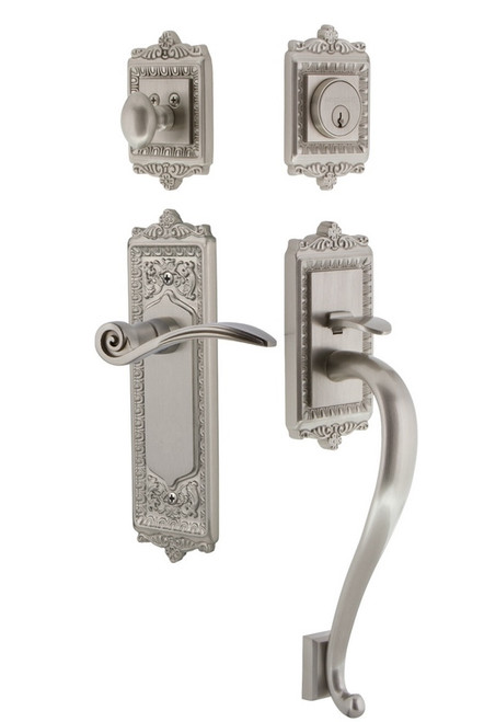 Nostalgic Warehouse - Egg & Dart Plate S Grip Entry Set Swan Lever in Satin Nickel - 768163 - 2 3/8" Backset