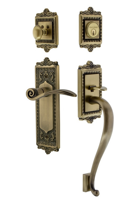 Nostalgic Warehouse - Egg & Dart Plate S Grip Entry Set Swan Lever in Antique Brass - 768165 - 2 3/8" Backset