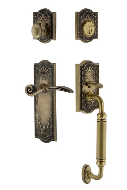 Nostalgic Warehouse - Meadows Plate C Grip Entry Set Swan Lever in Antique Brass - 768189 - 2 3/8" Backset