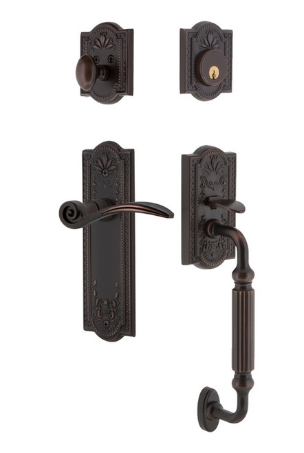 Nostalgic Warehouse - Meadows Plate F Grip Entry Set Swan Lever in Timeless Bronze - 768212 - 2 3/8" Backset
