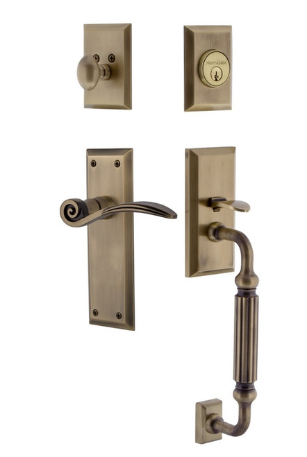 Nostalgic Warehouse - New York Plate F Grip Entry Set Swan Lever in Antique Brass - 768286 - 2 3/8" Backset