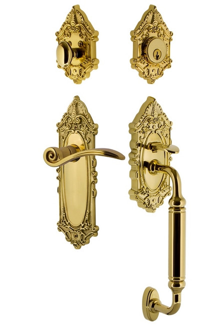 Nostalgic Warehouse - Victorian Plate C Grip Entry Set Swan Lever in Polished Brass - 768517 - 2 3/4" Backset