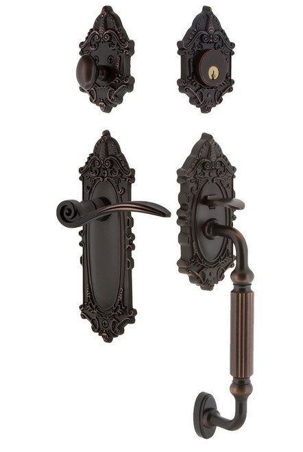 Nostalgic Warehouse - Victorian Plate F Grip Entry Set Swan Lever in Timeless Bronze - 768544 - 2 3/4" Backset