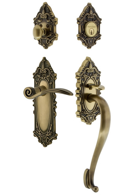Nostalgic Warehouse - Victorian Plate S Grip Entry Set Swan Lever in Antique Brass - 768569 - 2 3/4" Backset