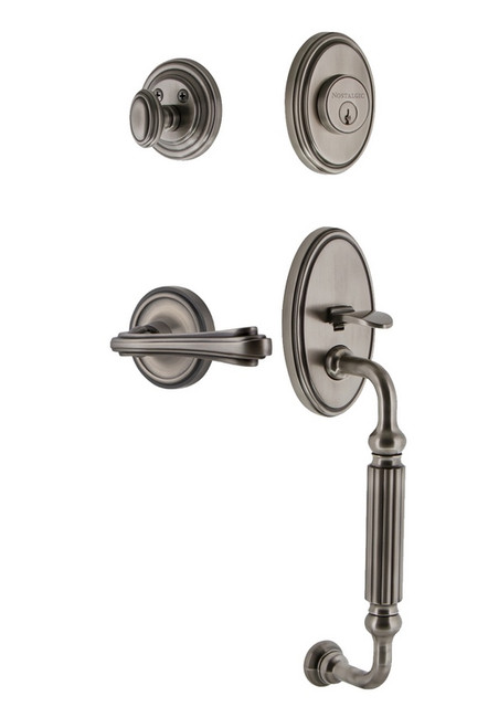 Nostalgic Warehouse - Classic Plate F Grip Entry Set Fleur Lever in Antique Pewter - CLAFGRFLR - 768684 - 2 3/4" Backset