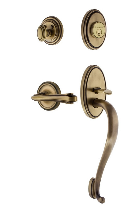 Nostalgic Warehouse - Classic Plate S Grip Entry Set Fleur Lever in Antique Brass - CLASGRFLR - 768713 - 2 3/4" Backset