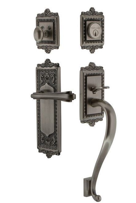 Nostalgic Warehouse - Egg & Dart Plate S Grip Entry Set Fleur Lever in Antique Pewter - 768852 - 2 3/4" Backset