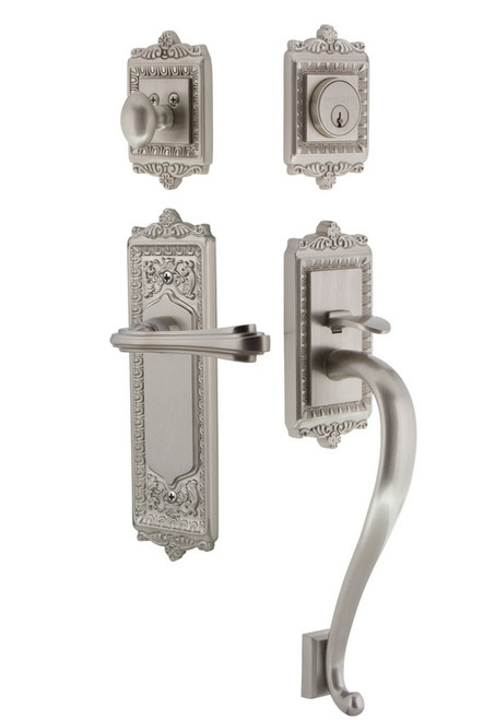 Nostalgic Warehouse - Egg & Dart Plate S Grip Entry Set Fleur Lever in Satin Nickel - 768855 - 2 3/4" Backset