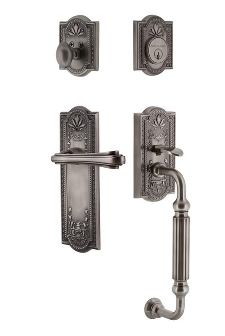 Nostalgic Warehouse - Meadows Plate F Grip Entry Set Fleur Lever in Antique Pewter - MEAFGRFLR - 768900 - 2 3/4" Backset