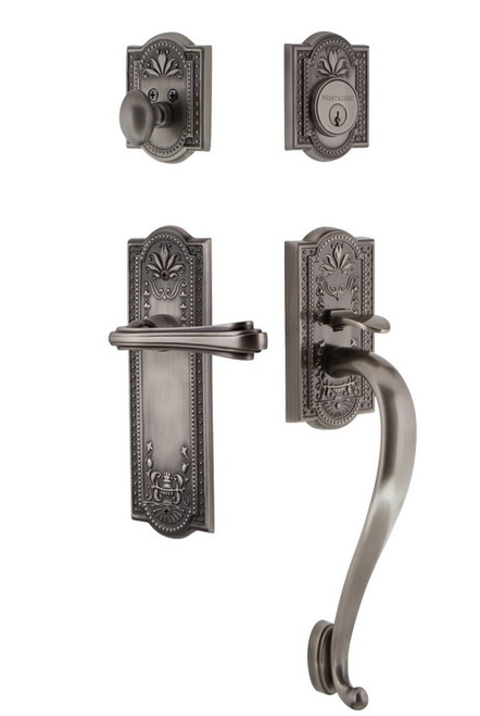 Nostalgic Warehouse - Meadows Plate S Grip Entry Set Fleur Lever in Antique Pewter - MEASGRFLR - 768923 - 2 3/8" Backset