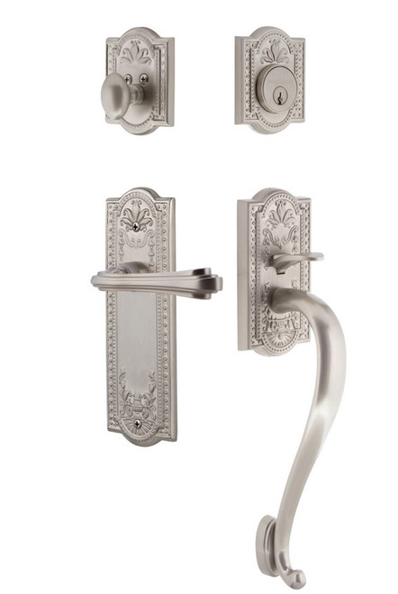 Nostalgic Warehouse - Meadows Plate S Grip Entry Set Fleur Lever in Satin Nickel - MEASGRFLR - 768927 - 2 3/4" Backset