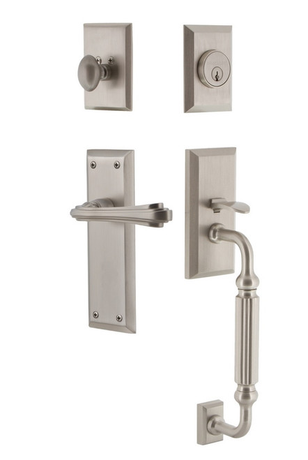 Nostalgic Warehouse - New York Plate F Grip Entry Set Fleur Lever in Satin Nickel - 768997 - 2 3/8" Backset