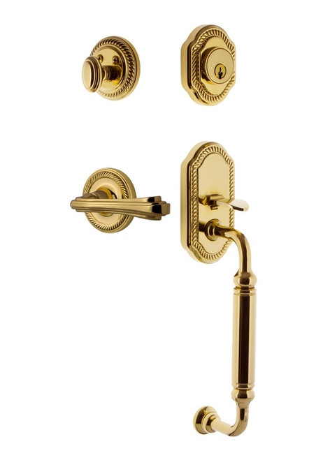 Nostalgic Warehouse - Rope Rosette C Grip Entry Set Fleur Lever in Polished Brass - 769070 - 2 3/4" Backset