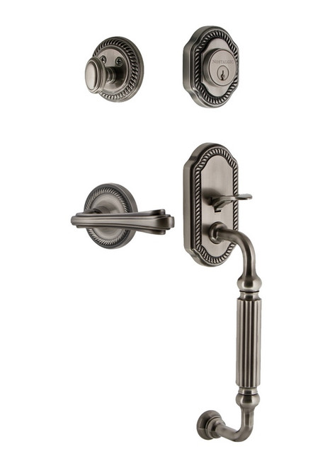 Nostalgic Warehouse - Rope Rosette F Grip Entry Set Fleur Lever in Antique Pewter - 769092 - 2 3/8" Backset