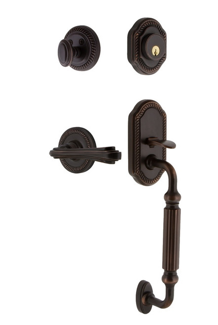 Nostalgic Warehouse - Rope Rosette F Grip Entry Set Fleur Lever in Timeless Bronze - 769102 - 2 3/8" Backset