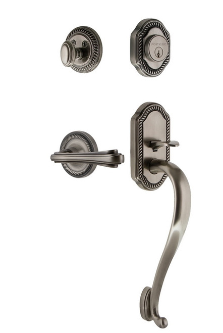 Nostalgic Warehouse - Rope Rosette S Grip Entry Set Fleur Lever in Antique Pewter - 769117 - 2 3/4" Backset
