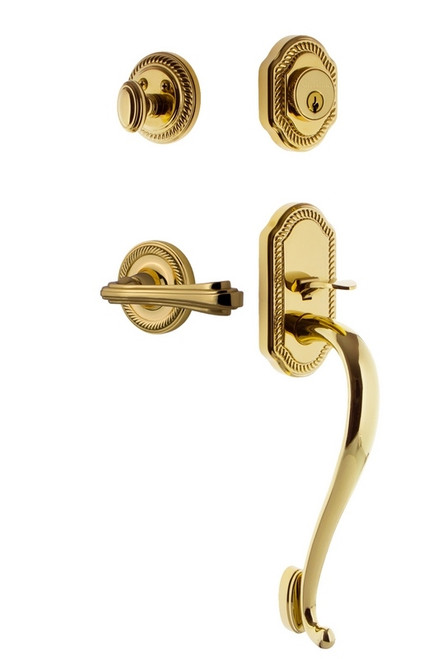 Nostalgic Warehouse - Rope Rosette S Grip Entry Set Fleur Lever in Polished Brass - 769123 - 2 3/8" Backset