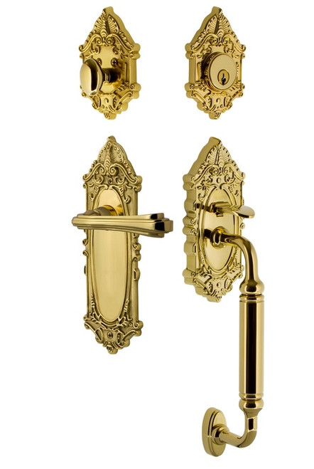 Nostalgic Warehouse - Victorian Plate C Grip Entry Set Fleur Lever in Polished Brass - 769214 - 2 3/4" Backset
