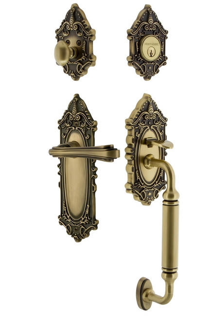 Nostalgic Warehouse - Victorian Plate C Grip Entry Set Fleur Lever in Antique Brass - 769223 - 2 3/8" Backset