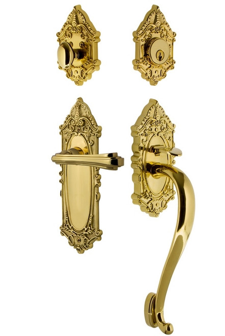 Nostalgic Warehouse - Victorian Plate S Grip Entry Set Fleur Lever in Polished Brass - 769262 - 2 3/4" Backset