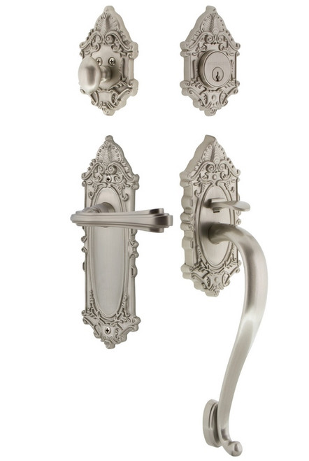 Nostalgic Warehouse - Victorian Plate S Grip Entry Set Fleur Lever in Satin Nickel - 769264 - 2 3/4" Backset