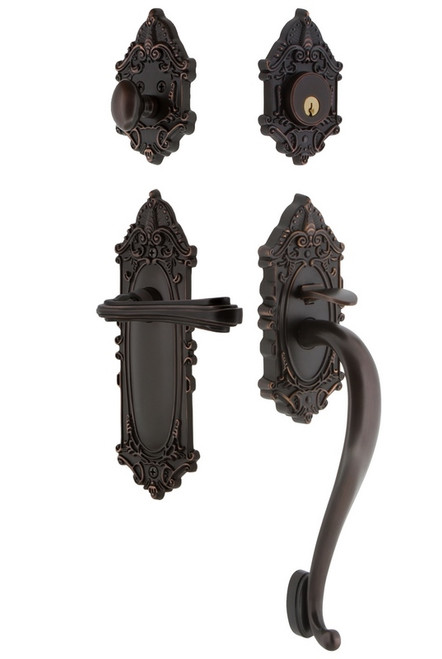 Nostalgic Warehouse - Victorian Plate S Grip Entry Set Fleur Lever in Timeless Bronze - 769270 - 2 3/8" Backset