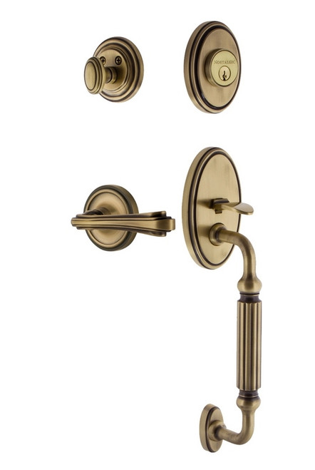 Nostalgic Warehouse - Classic Plate F Grip Entry Set Fleur Lever in Antique Brass - CLAFGRFLR - 769738 - 2 3/4" Backset