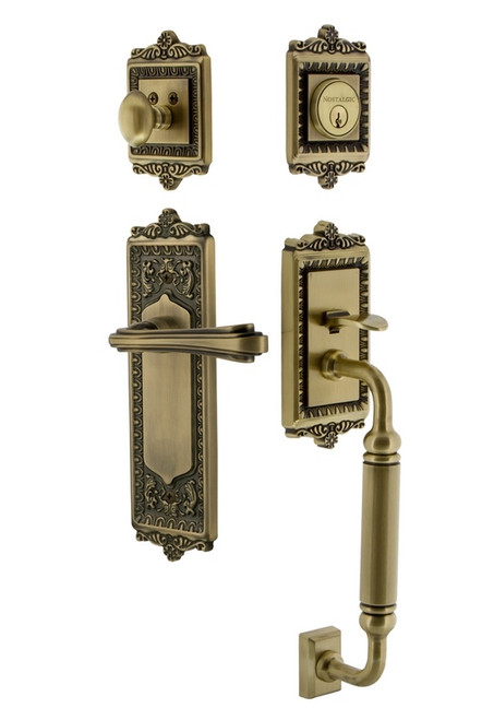 Nostalgic Warehouse - Egg & Dart Plate C Grip Entry Set Fleur Lever in Antique Brass - 770144 - 2 3/4" Backset