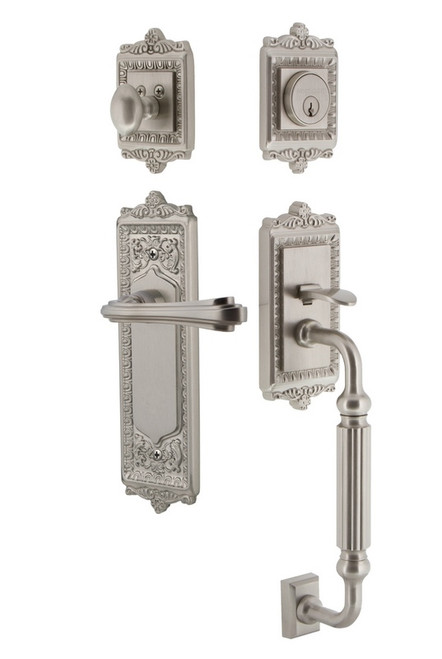 Nostalgic Warehouse - Egg & Dart Plate F Grip Entry Set Fleur Lever in Satin Nickel - 770159 - 2 3/4" Backset